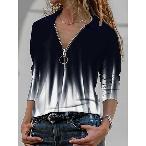 

Women's T shirt Tee Geometric Portrait Casual Weekend Geometric Portrait Painting T shirt Tee Long Sleeve Quarter Zip Print Shirt Collar Basic White Black Gray S / 3D Print