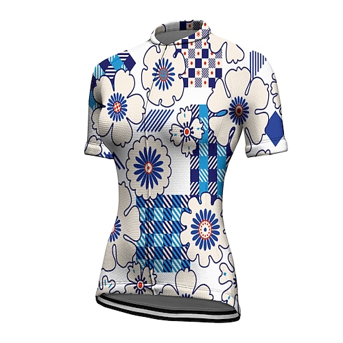 

21Grams Women's Cycling Jersey Short Sleeve Bike Top with 3 Rear Pockets Mountain Bike MTB Road Bike Cycling Breathable Quick Dry Moisture Wicking Reflective Strips White Blue Plaid Checkered Floral