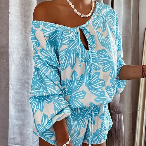 

Women's Romper Print Floral Off Shoulder Casual Holiday Weekend Regular Fit Long Sleeve Blue Red S M L Fall