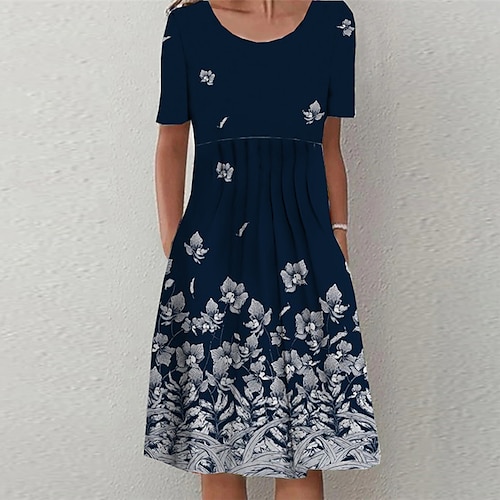 

Femme Robe casual Manche Courte Printemps Eté - Vacances Casual Ruché Poche Imprimer Floral Col Ras du Cou Mince 2022 bleu marine S M L XL XXL 3XL