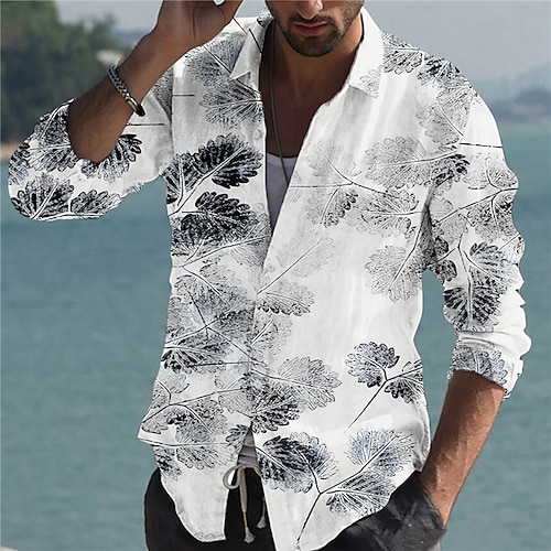 

Men's Shirt 3D Print Leaves Turndown Street Casual Button-Down Print Long Sleeve Tops Designer Casual Fashion Breathable White