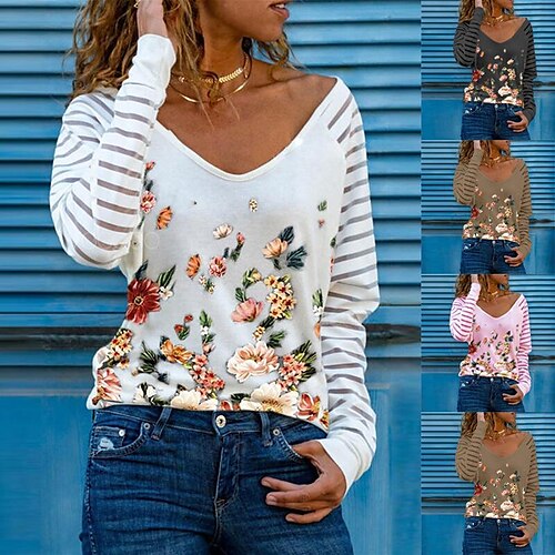 

cross-border european and american clothing foreign trade new winter new amazon wish fashion flower print long-sleeved v-neck t-shirt