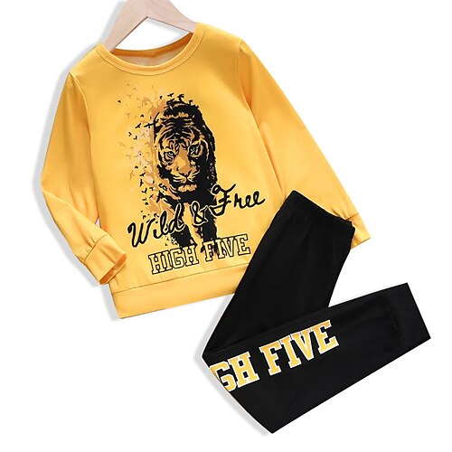 

Kids Boys Sweatshirt Pants Clothing Set 2 Pieces Long Sleeve Yellow Tiger Letter Animal Print Street Sports Vacation Fashion Comfort Cool Daily 3-12 Years