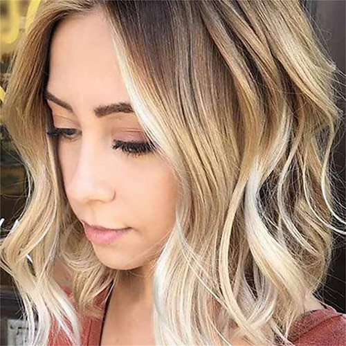 

Short Curly Ombre Blonde Bob Hair Wigs For Women Synthetic Middle Part Wig With Brown Roots Party Costume Cosplay Wig
