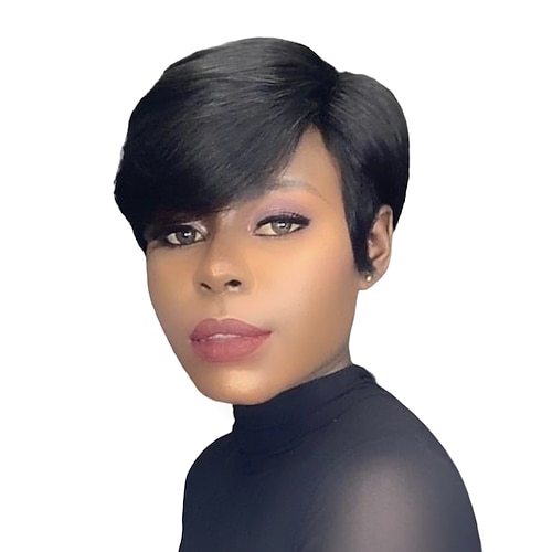 

Human Hair Wig Body Wave Pixie Cut Natural Black Adjustable Natural Hairline For Black Women Machine Made Capless Brazilian Hair All Natural Black #1B 6 inch Daily Wear Party & Evening