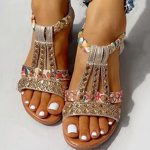 

Women's Strappy Sandals Wedge Boho Summer Sparkling Glitter Elegant Party Daily Beach Casual Silver Dark Brown Black