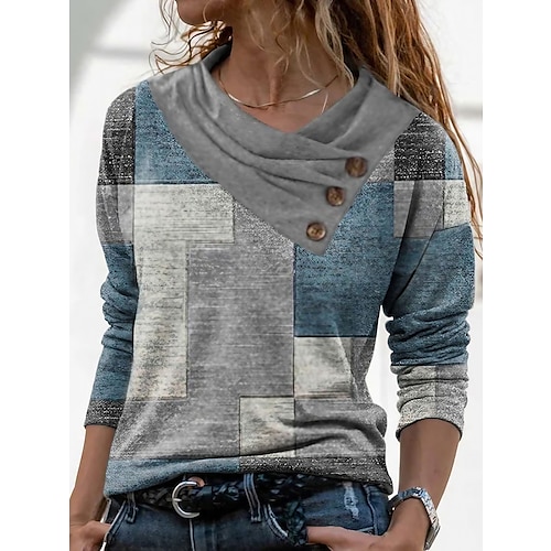 

Women's T shirt Tee Red Navy Blue Blue Geometric Abstract Button Print Long Sleeve Casual Weekend Basic Pile Neck V Neck Geometric Painting