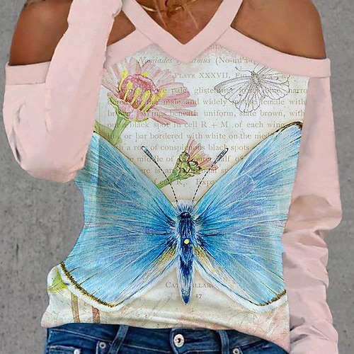 

Women's Blouse Graphic Butterfly Casual Weekend Blouse Long Sleeve Cold Shoulder Print V Neck Basic White Purple Pink S / 3D Print