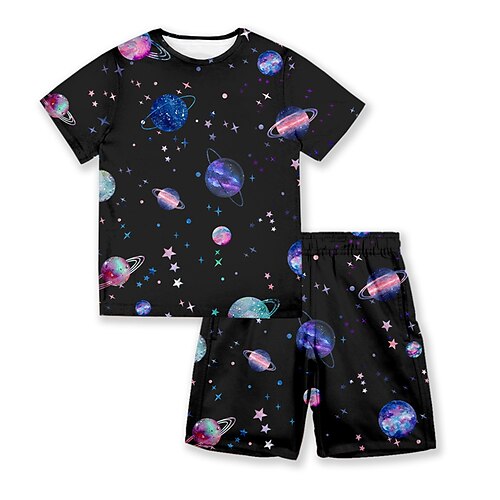 

Kids Boys T-shirt Shorts Clothing Set 2 Pieces Short Sleeve Black Galaxy Crewneck Print Street Sports Vacation Fashion Comfort Cool Daily 3-13 Years