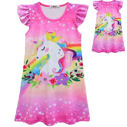 

Kids Little Girls' Dress Cartoon Unicorn A Line Dress Vacation Pink Asymmetrical Short Sleeve Princess Sweet Dresses Spring Summer Regular Fit 2-8 Years