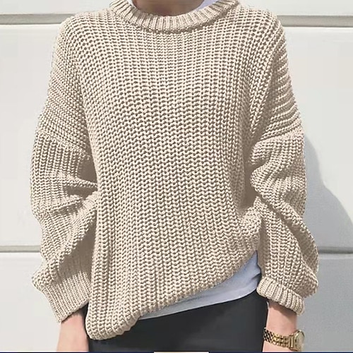 

Women's Pullover Sweater Jumper Crochet Knit Knitted Pure Color Crew Neck Stylish Casual Daily Going out Fall Winter White Khaki S M L / Long Sleeve / Regular Fit