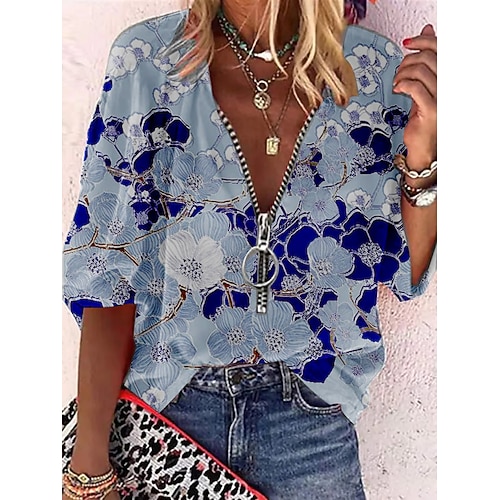 

Women's Blouse Floral Holiday Weekend Floral Blouse Shirt Long Sleeve Quarter Zip Print V Neck Casual Streetwear Blue S / 3D Print