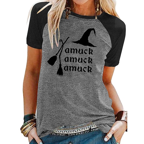 

Women's T shirt Tee Graphic Letter Halloween Casual Daily T shirt Tee Short Sleeve Print Round Neck Basic Green Blue Light gray S