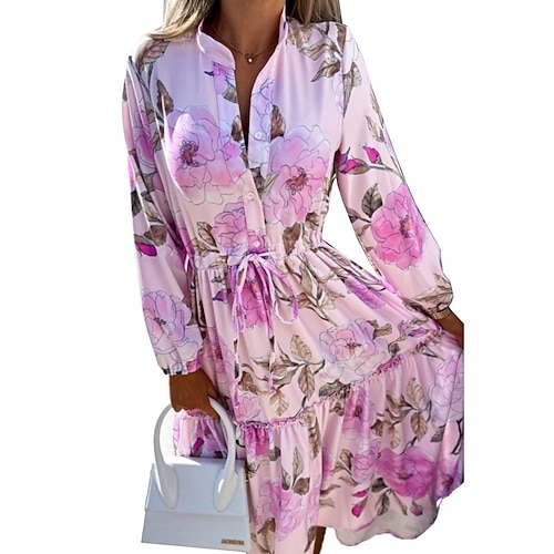 

Women's Swing Dress BohoDress Knee Length Dress Green Purple Pink Orange Red Long Sleeve Floral Print Fall Spring Stand Collar Elegant Vacation Fashion 2022 S M L XL XXL