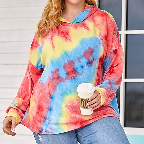 

Women's Plus Size Tops Hoodie Sweatshirt Tie Dye Print Long Sleeve Hooded Streetwear Daily Going out Polyester Fall Winter Pink Yellow
