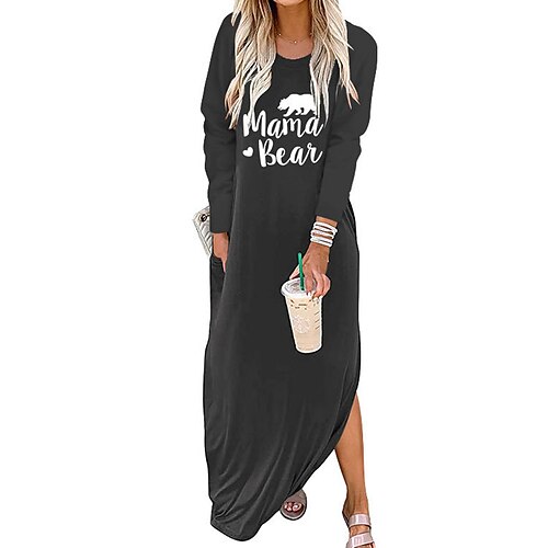 

Women's Shift Dress Maxi long Dress Green Black Army Green Light gray Dark Gray Long Sleeve Letter Pocket Fall Winter Round Neck Casual 2022 S M L XL XXL