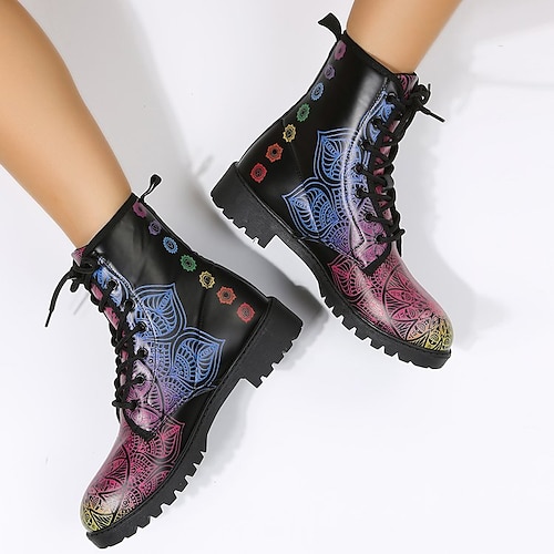 

Women's Boots Daily Combat Boots Plus Size Booties Ankle Boots Winter Chunky Heel Round Toe Casual PU Leather Lace-up Black