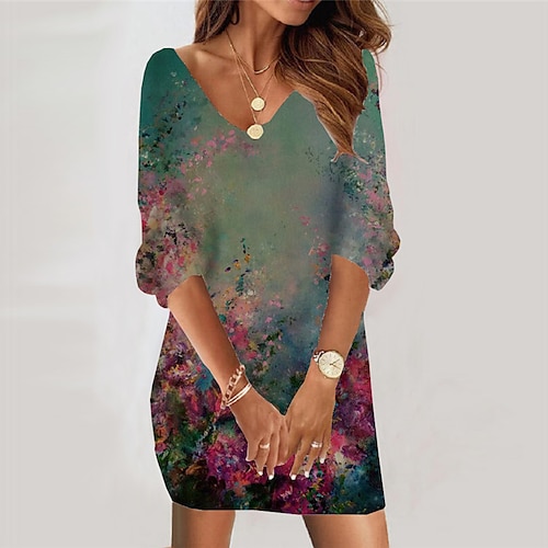 

Women's Casual Dress Bodycon Short Mini Dress Green 3/4 Length Sleeve Floral Print Fall Winter V Neck Casual Vacation Loose 2022 S M L XL XXL 3XL