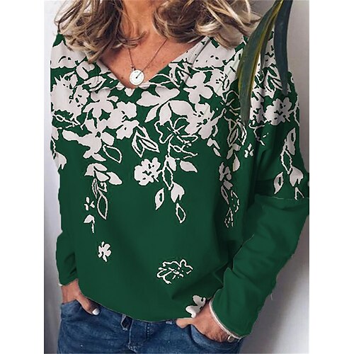 

Women's Plus Size Tops Blouse Shirt Floral Print Long Sleeve V Neck Streetwear Daily Vacation Polyester Fall Winter Green Blue