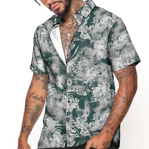 

Men's Shirt 3D Print Floral Turndown Street Casual Button-Down Print Short Sleeves Tops Casual Fashion Breathable Green / Summer