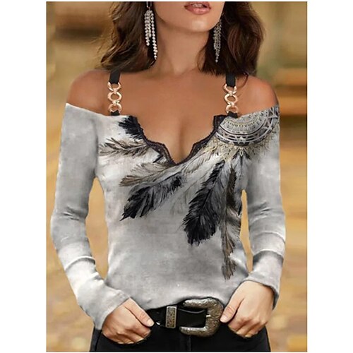 

Women's T shirt Tee Gray Feather Cold Shoulder Print Long Sleeve Casual Weekend Basic V Neck Regular S