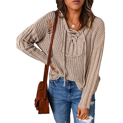 

Women's Pullover Sweater Jumper Ribbed Knit Lace up Knitted Pure Color Hooded Stylish Casual Daily Holiday Fall Winter Khaki S M L / Long Sleeve