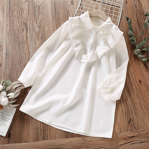 

Kids Little Girls' Dress Plain A Line Dress School Daily Ruffle White Knee-length Long Sleeve Elegant Casual Dresses New Year Fall Spring Loose 1 PC 3-12 Years