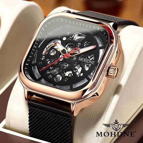 

MOHDNE Steampunk Men's Skeleton Waterproof Watches Automatic Mechanical Watch Square Dial Black Mesh Strap Watch For Men H0555