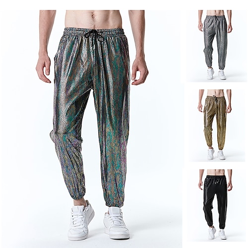 

Men's Joggers Trousers Casual Pants Sequin Pants Drawstring Elastic Waist Shiny Metallic Print Full Length Casual Nightclub Disco Lights Casual Trousers Loose Fit Black Silver Micro-elastic