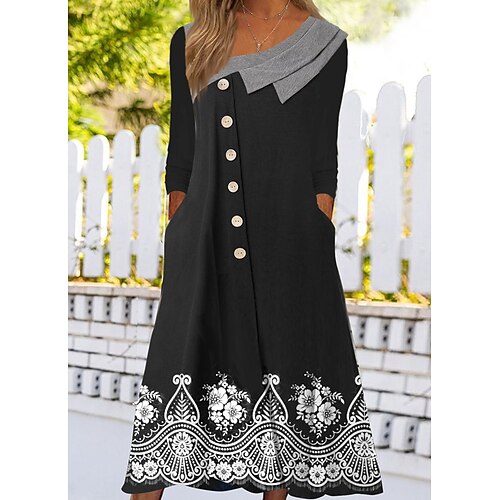 

Women's Casual Dress Midi Dress Black 3/4 Length Sleeve Floral Print Winter Fall V Neck Fashion Weekend 2022 S M L XL 2XL 3XL