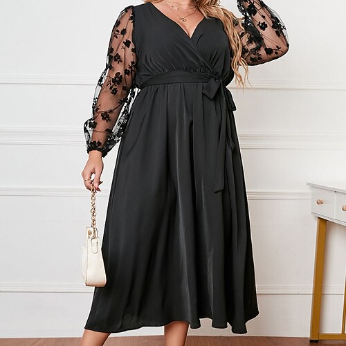 

Women's Plus Size Holiday Dress Solid Color V Neck Mesh Long Sleeve Fall Winter Vintage Maxi long Dress Holiday Vacation Dress