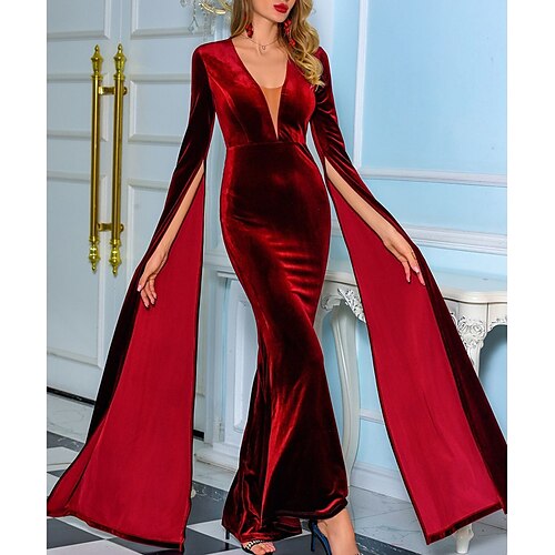 

Mermaid / Trumpet Evening Dresses Elegant Dress Formal Floor Length Long Sleeve V Neck Velvet with Ruched Pure Color 2022