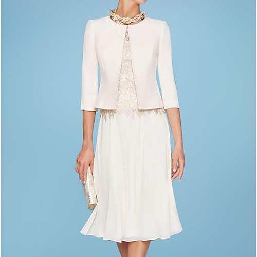 

Two Piece Sheath / Column Mother of the Bride Dress Elegant Jewel Neck Knee Length Chiffon Satin Lace 3/4 Length Sleeve Short Jacket Dresses with Appliques 2022