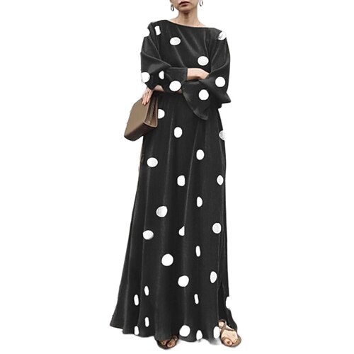 

Women's Swing Dress PolkaDotDress Maxi long Dress White Black Yellow Long Sleeve Polka Dot Split Patchwork Print Fall Winter Round Neck Fashion Modern Loose 2022 S M L XL XXL 3XL 4XL 5XL