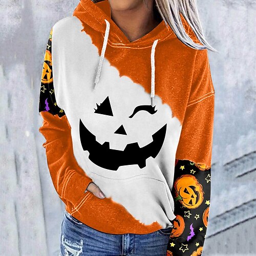 

Women's Pullover Hoodie Sweatshirt Pullover Color Block Pumpkin Front Pocket Print Halloween Weekend 3D Print Active Streetwear Clothing Apparel Hoodies Sweatshirts Black And White White