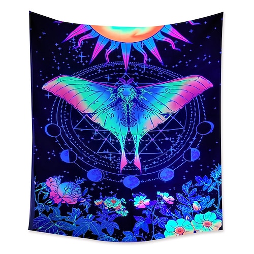 

Blacklight UV Reactive Tapestry Butterfly Flower Sun Psychedelic Luminous Background Cloth Dormitory Decoration Hanging Cloth
