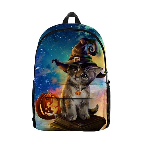 

Unisex Halloween Commuter Backpack Oxford Cloth Cat Large Capacity Breathable Zipper Tiered School Daily Blue