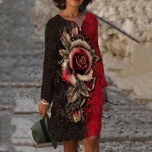 

Women's T Shirt Dress Tee Dress Shift Dress Knee Length Dress Green Purple Orange Red Long Sleeve Floral Zipper Print Fall Winter Crew Neck Casual Classic 2022 XS S M L XL 2XL 3XL 4XL 5XL 6XL