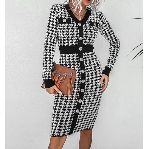 

Women's Sheath Dress Knit Dress Black Khaki White Long Sleeve Houndstooth Patchwork Fall Spring V Neck Winter Dress Fall Dress 2022 One-Size