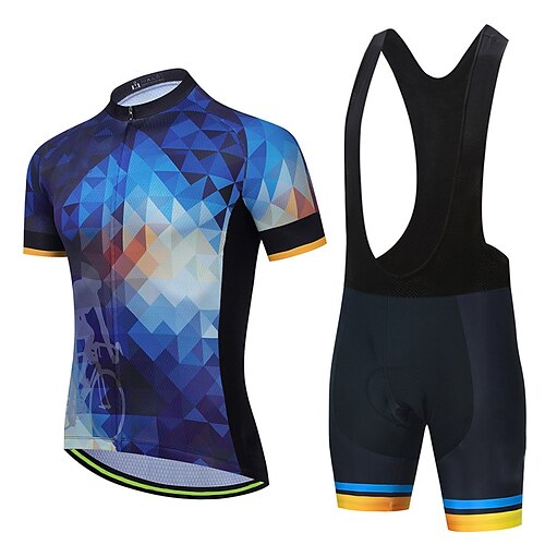 

21Grams Men's Cycling Jersey with Bib Shorts Short Sleeve Mountain Bike MTB Road Bike Cycling Blue Geometic Gear Bike Clothing Suit 3D Pad Breathable Quick Dry Moisture Wicking Reflective Strips