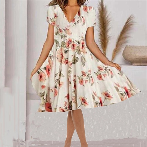 

Mujer Vestido informal Vestido de Columpio Vestido Midi Blanco Manga Corta Floral Estampado Verano Primavera Escote en Pico Casual 2023 S M L XL XXL