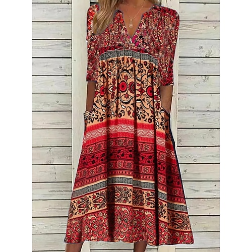 

Women's Knit Dress Midi Dress Red Short Sleeve Floral Button Spring Fall V Neck Casual 2022 3XL