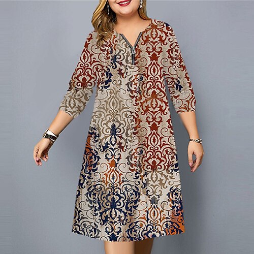 

Women's Plus Size Casual Dress Floral V Neck Print Long Sleeve Fall Winter Casual Knee Length Dress Daily Vacation Dress