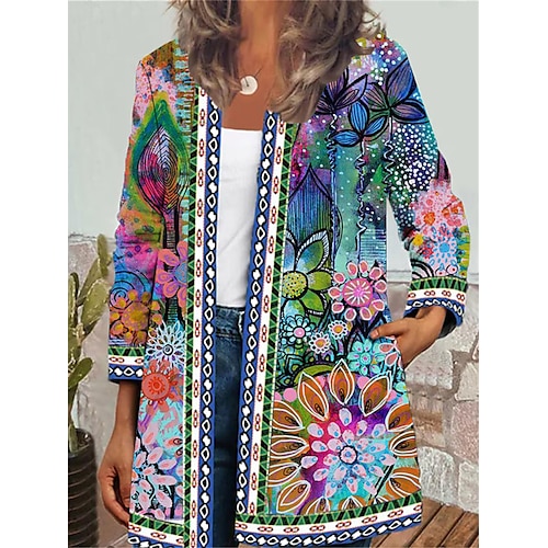 

Women's Casual Jacket Breathable Daily Wear Vacation with Pockets Open Front Crewneck Street Style Floral Regular Fit Outerwear Long Sleeve Winter Fall Rainbow S M L XL XXL 3XL