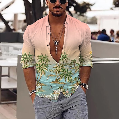 

Men's Shirt Coconut Tree Turndown Pink Long Sleeve 3D Print Outdoor Street Button-Down Print Tops Fashion Designer Casual Breathable