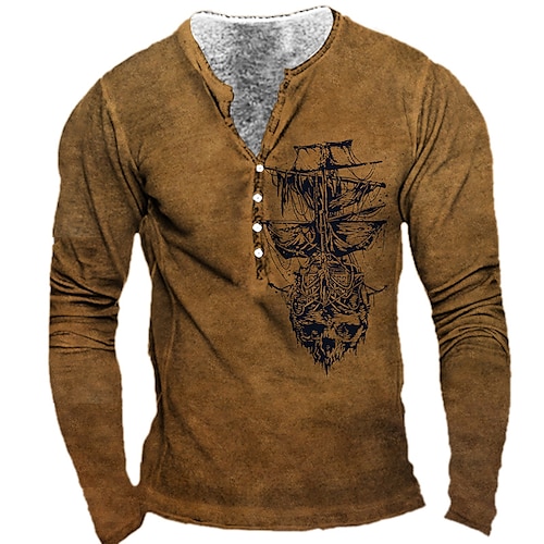 

Men's T shirt Tee Henley Shirt Tee Graphic Skull Henley Brown 3D Print Sailboat Plus Size Outdoor Daily Long Sleeve Button-Down Print Clothing Apparel Basic Designer Classic Comfortable / Sports