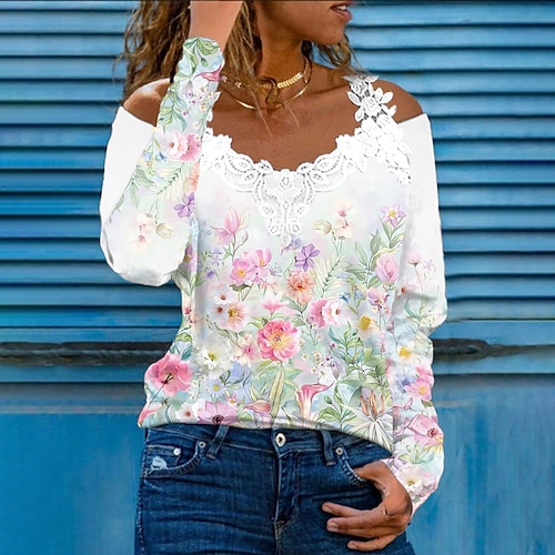 

Women's T shirt Tee Floral Holiday Weekend Floral Painting T shirt Tee Long Sleeve Lace Cold Shoulder V Neck Basic White S / 3D Print