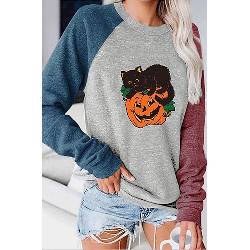 

Women's T shirt Tee Color Block Pumpkin Halloween Casual Weekend T shirt Tee Long Sleeve Patchwork Print Round Neck Basic Halloween Green Blue Gray S