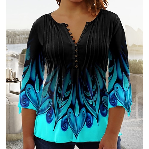 

Women's Plus Size Tops Blouse Shirt Graphic Ruched Button 3/4 Length Sleeve V Neck Festival Daily Vacation Polyester Fall Spring Blue / Print