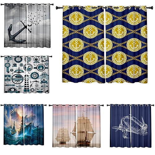 

2 Panels Set Blackout Curtains Anchor Printed Thermal Insulated Curtains for Bedroom Living Room Modern Grommet Window Drapes Curtain Drapes